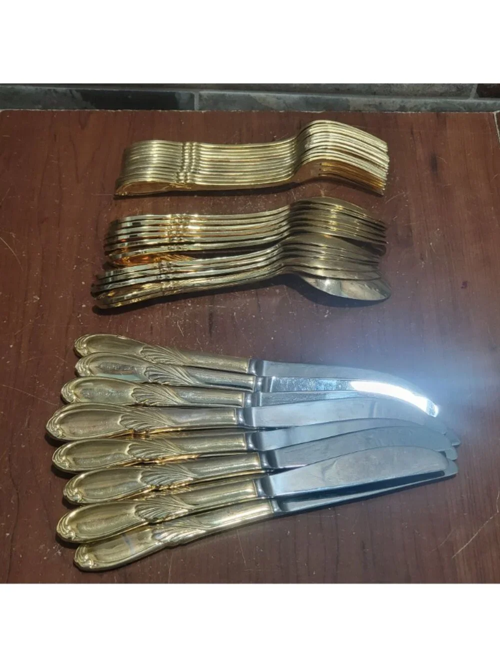 36 Piece Classic Plume Gold Electroplated Flatware Marked Stainless Steel Korea